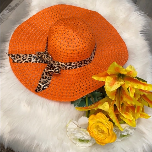 NEW! Orange Wide Brim Straw Sun Hat With Animal Print Bow - Picture 3 of 4
